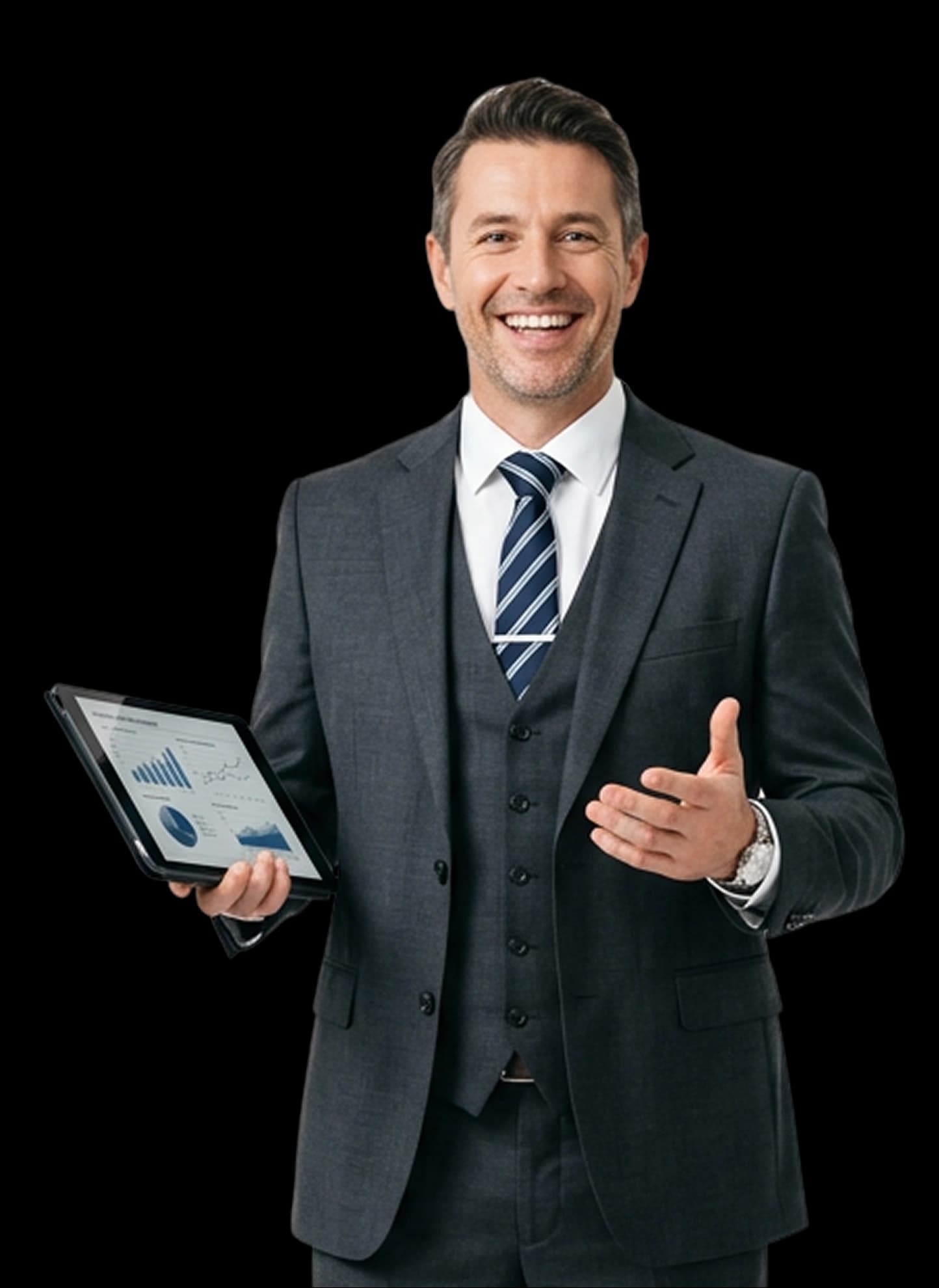 Consultant in a suit holding a tablet