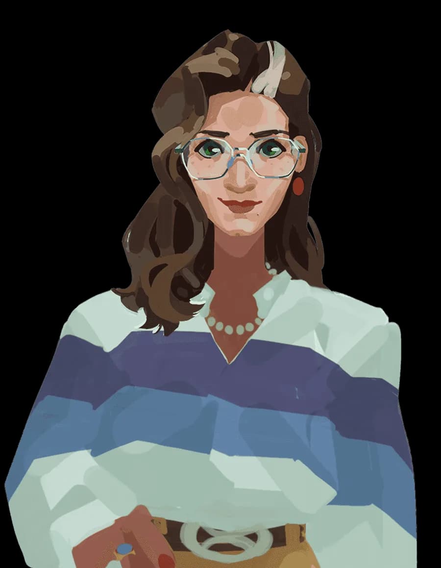 Character in a striped sweater in a green urban setting